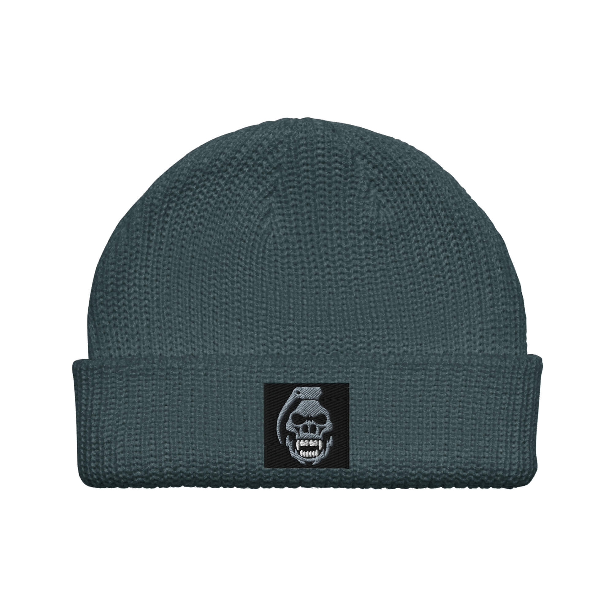 front view of petrol blue fisherman style beanie, grey and white skully pully embodied on black background COMIGO CLOTHING CO.