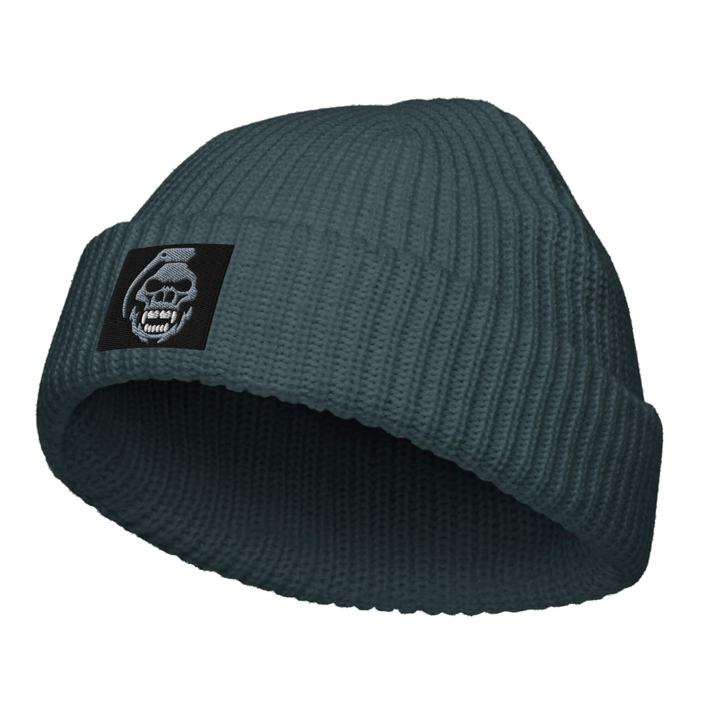 side view of petrol blue fisherman style beanie, grey and white skully pully embodied on black background COMIGO CLOTHING CO.