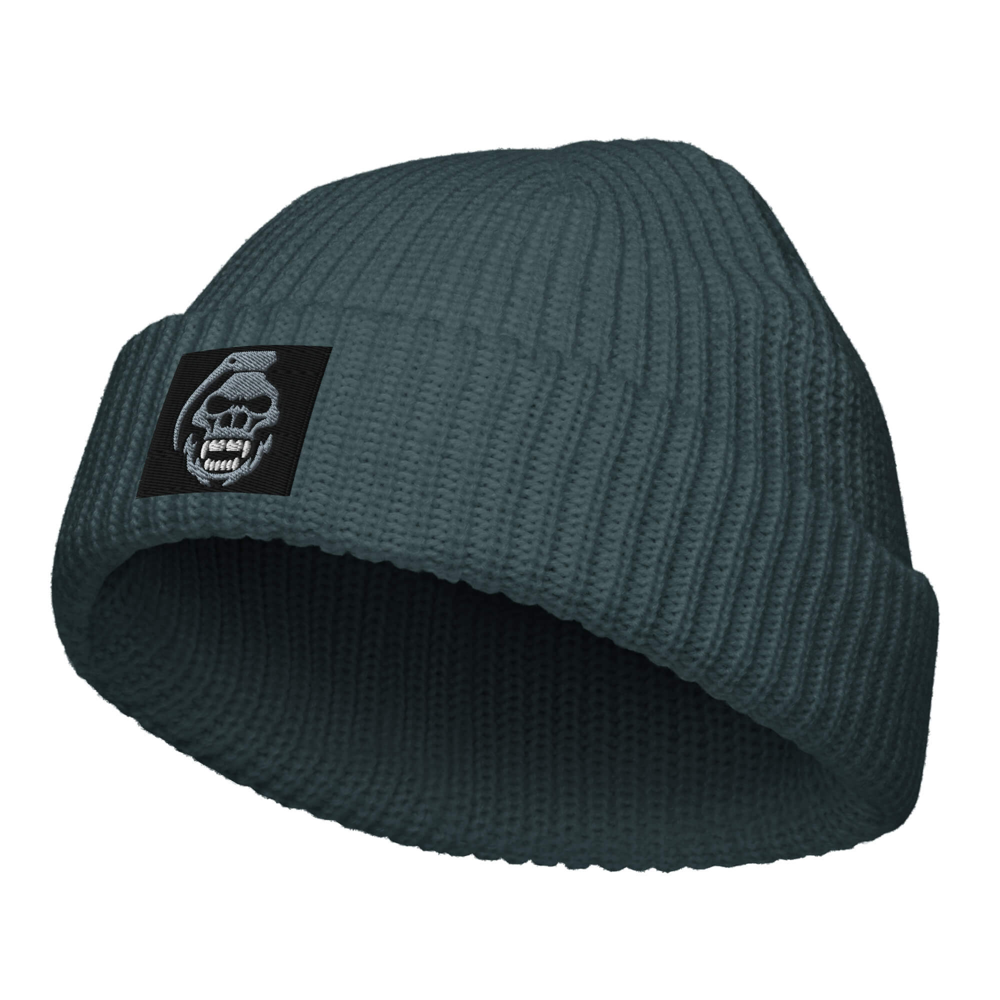 side view of petrol blue fisherman style beanie, grey and white skully pully embodied on black background COMIGO CLOTHING CO.