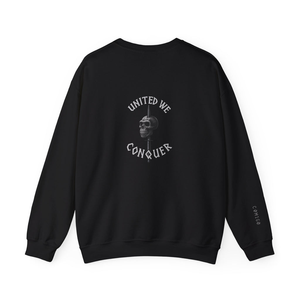 Black sweatshirt with 'United We Conquer' text and skull design on a white background united we conquer 29 commando 
