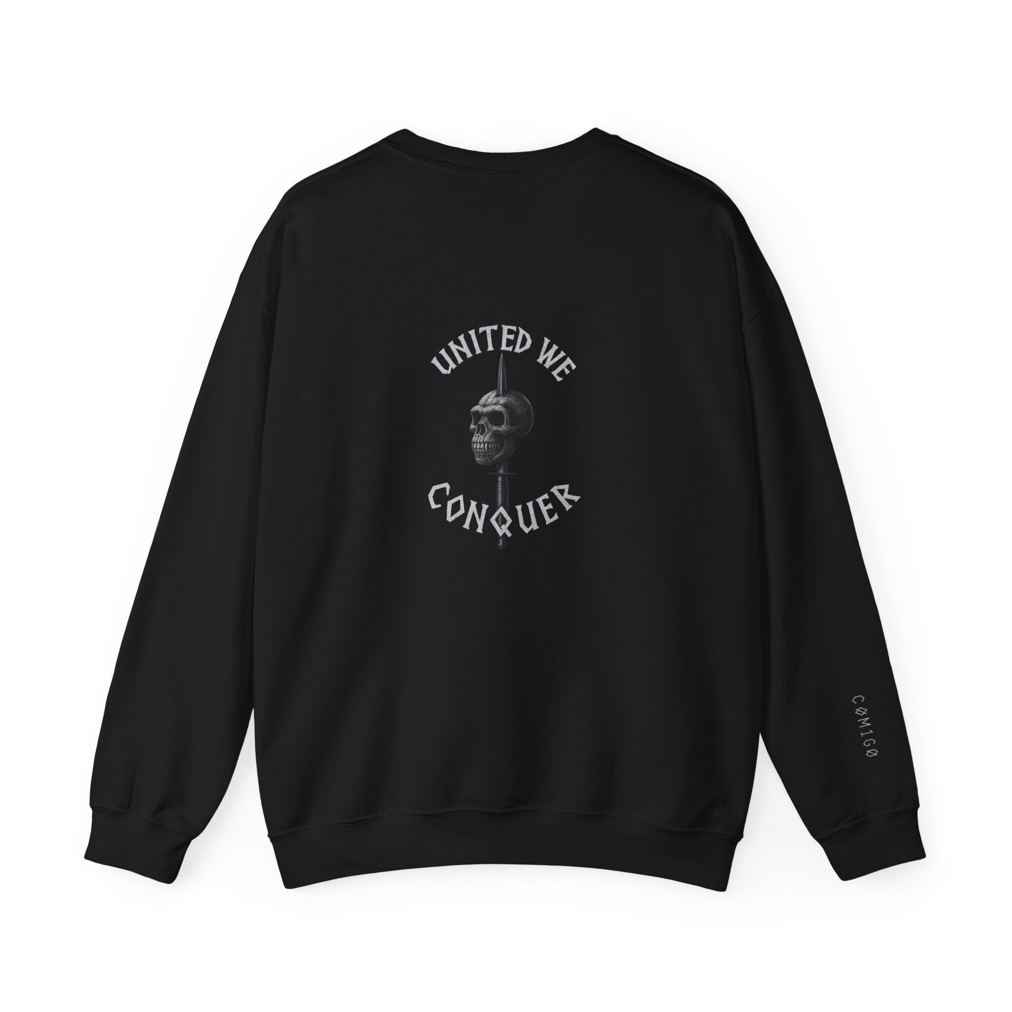 Black sweatshirt with 'United We Conquer' text and skull design on a white background united we conquer 29 commando 