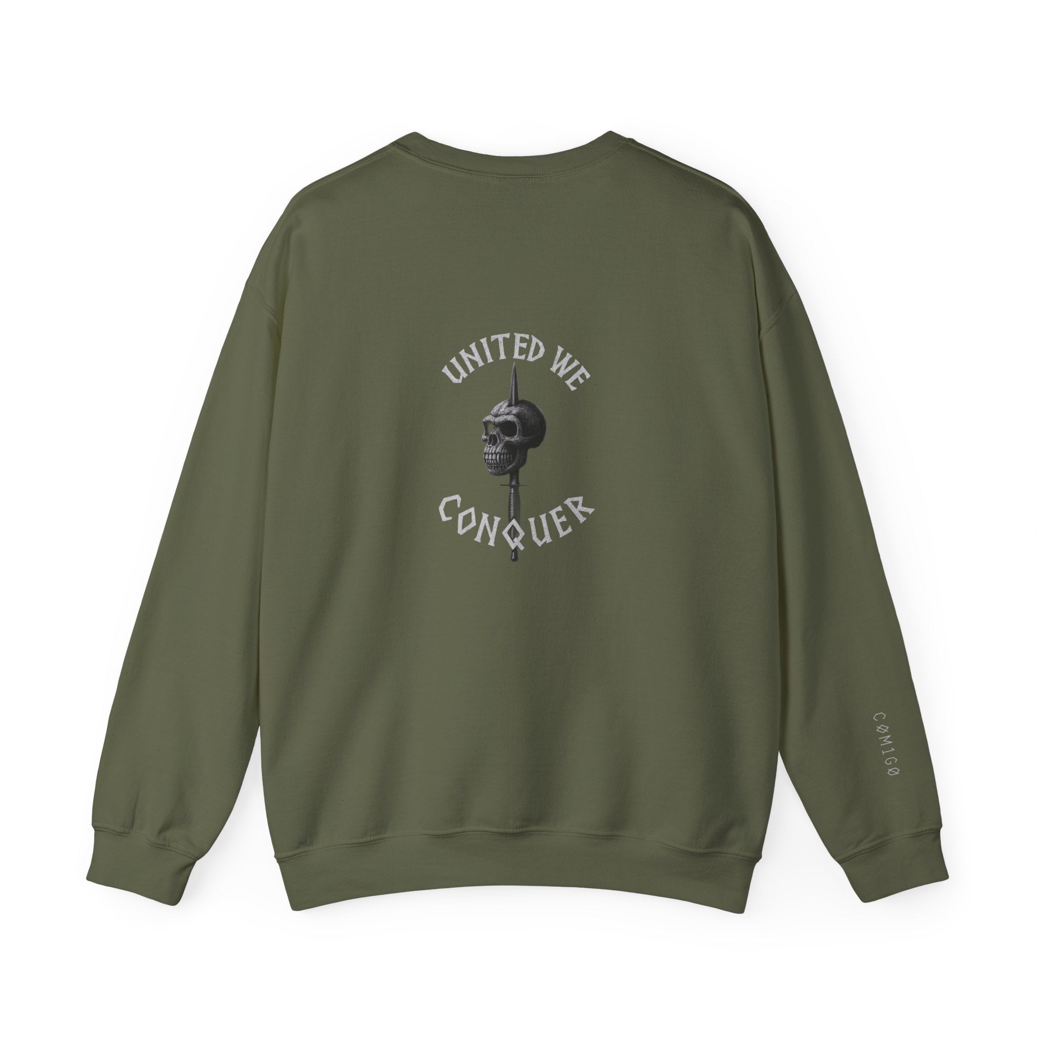 Green sweatshirt with a graphic design on the back on a white background united we conquer 29 commando 